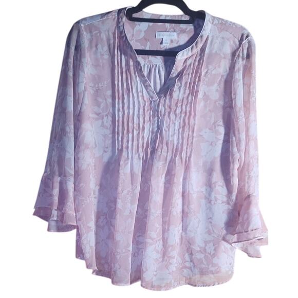 Charter Club Pale Pink Pin Tuck Peasant Blouse with Sheer Bell Sleeves Womens PL - Picture 1 of 8